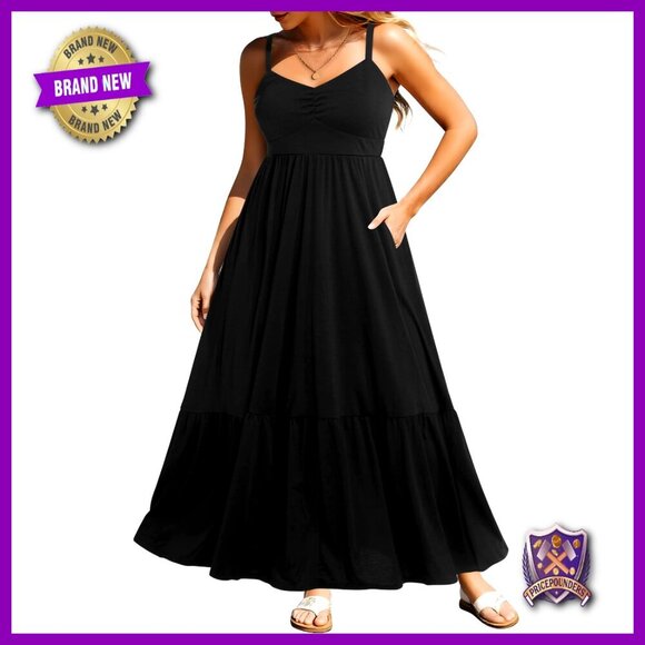 Dresses & Skirts - Plus Size Maxi Sundress with Ruched Bust Spaghetti Straps Pockets
